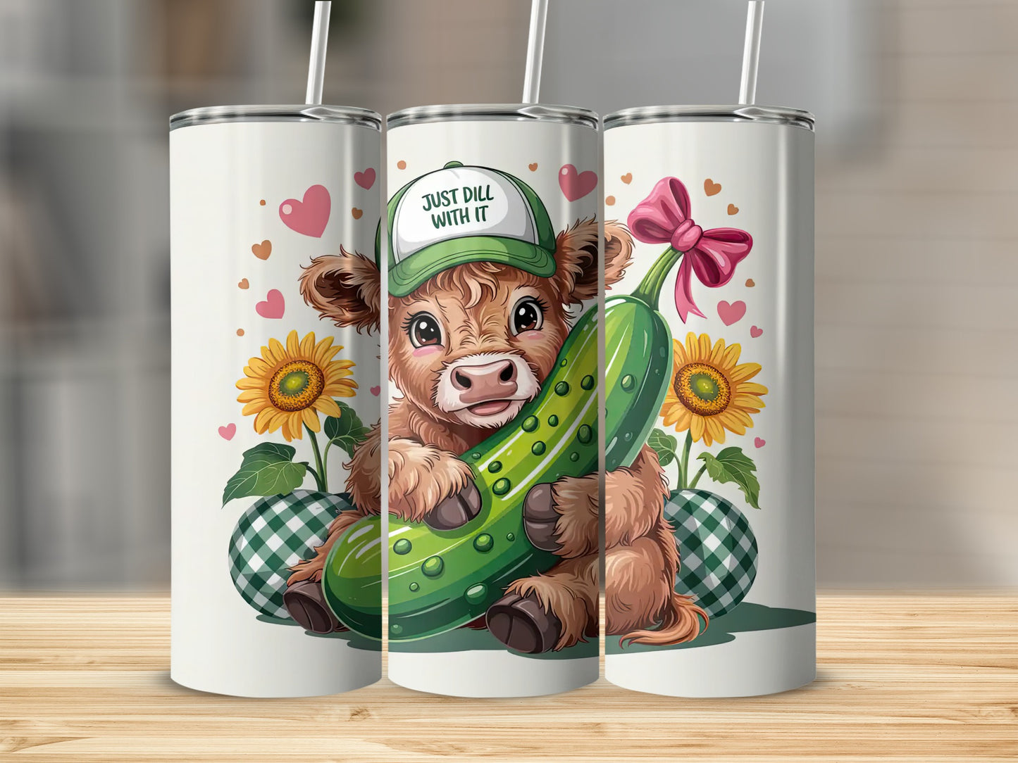 Cute cow wearing a hat holding a pickle, surrounded by sunflowers.