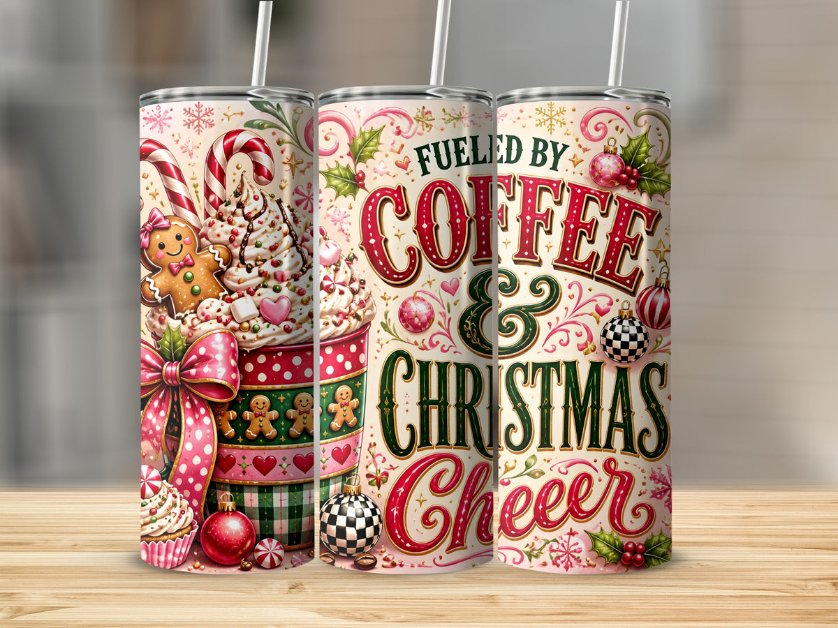 Three views of a stainless steel tumbler featuring a festive Christmas design with candy canes and gingerbread.