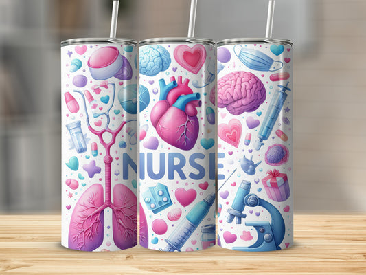 Three nurse-themed tumblers with medical illustrations and text.