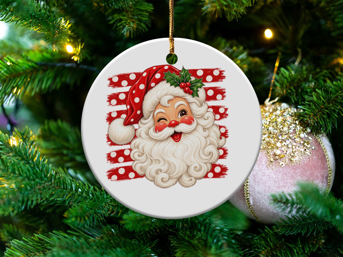 Winking Santa Claus ceramic Christmas ornament with red and white polka dot hat.