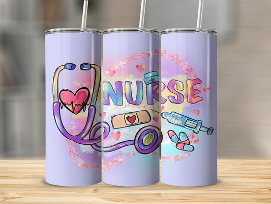 Tumbler with stethoscope, heart, syringe, and "NURSE" text.