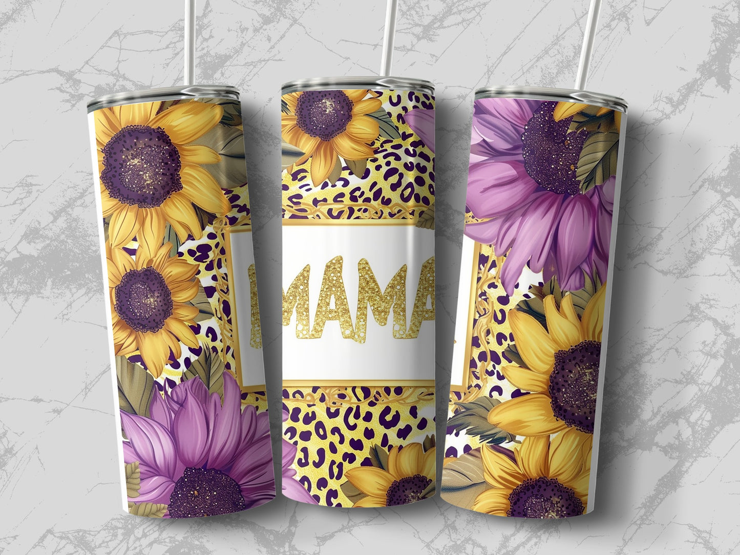 Sunflower and Leopard Print MAMA Floral Tumbler Cup