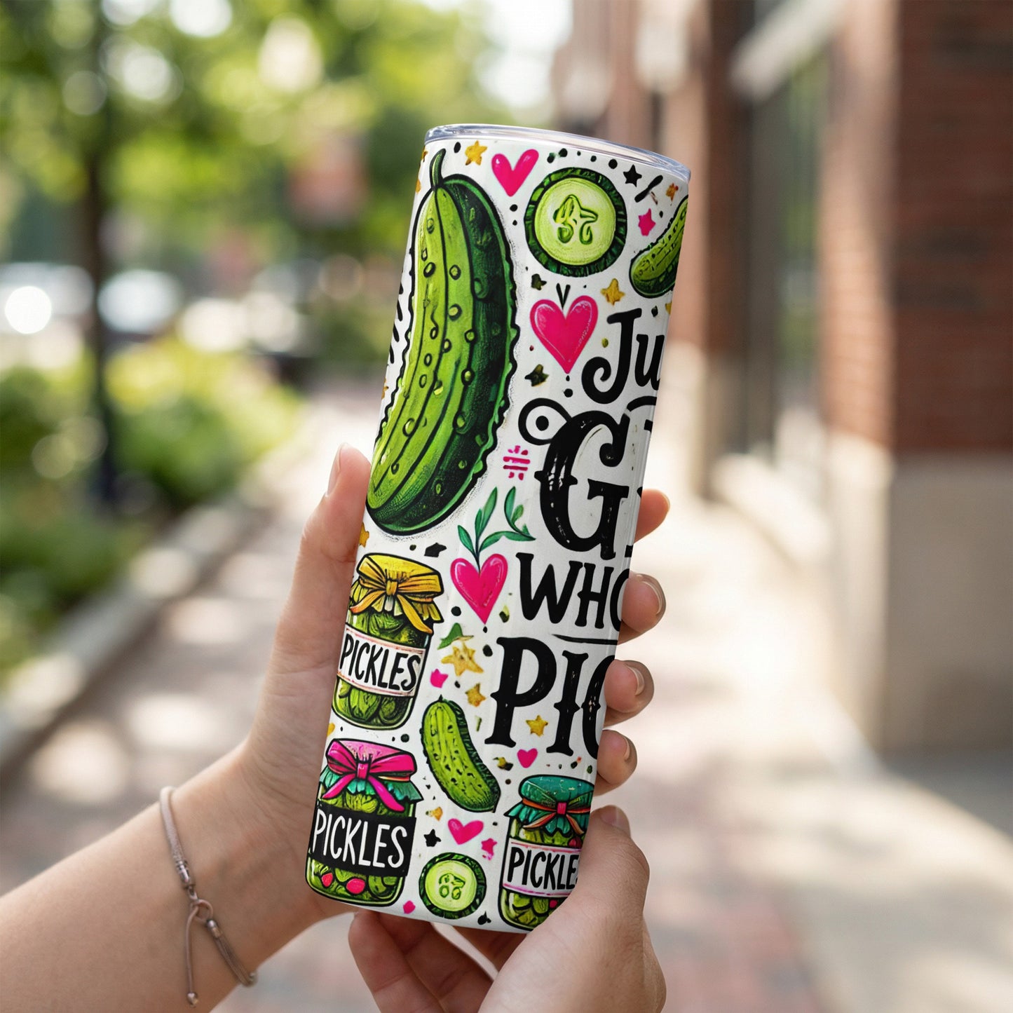 Tumbling pickle illustration with "Just Gonna Pickle" text on a tumbler.