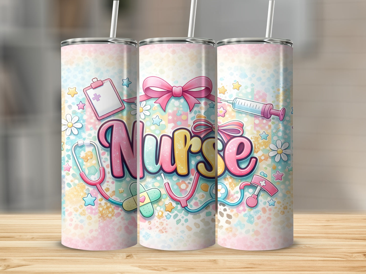 Nurse tumbler with medical icons and a pink bow on a wooden surface.