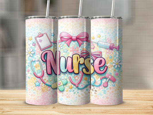 Nurse tumbler with medical icons and a pink bow on a wooden surface.