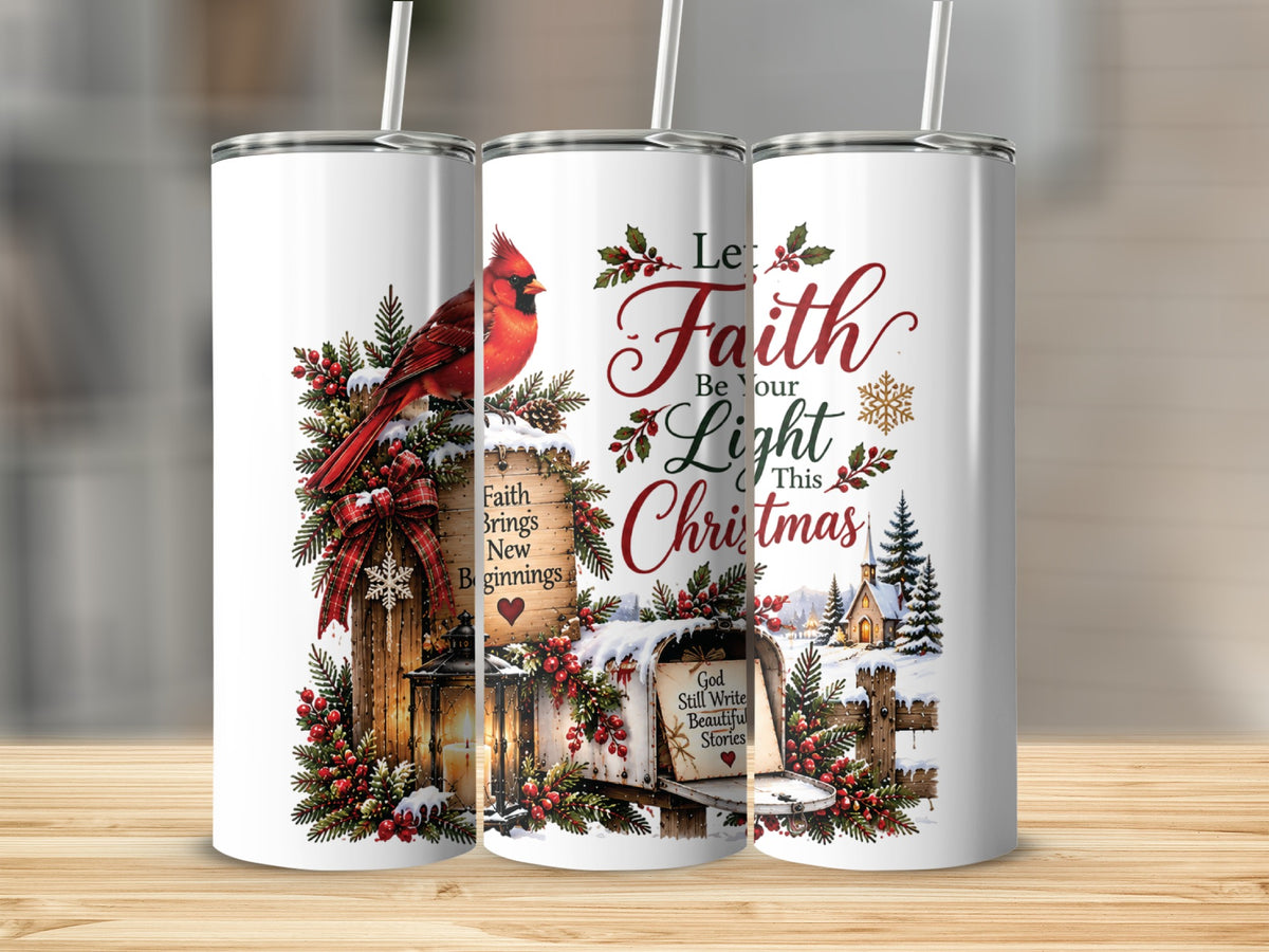 Three white tumblers with straws display a winter scene featuring a cardinal, snow-covered mailbox, and Christmas text.