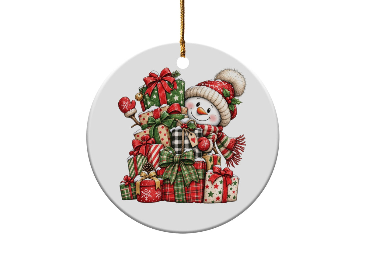 Snowman with stack of Christmas gifts and a red pom-pom hat.