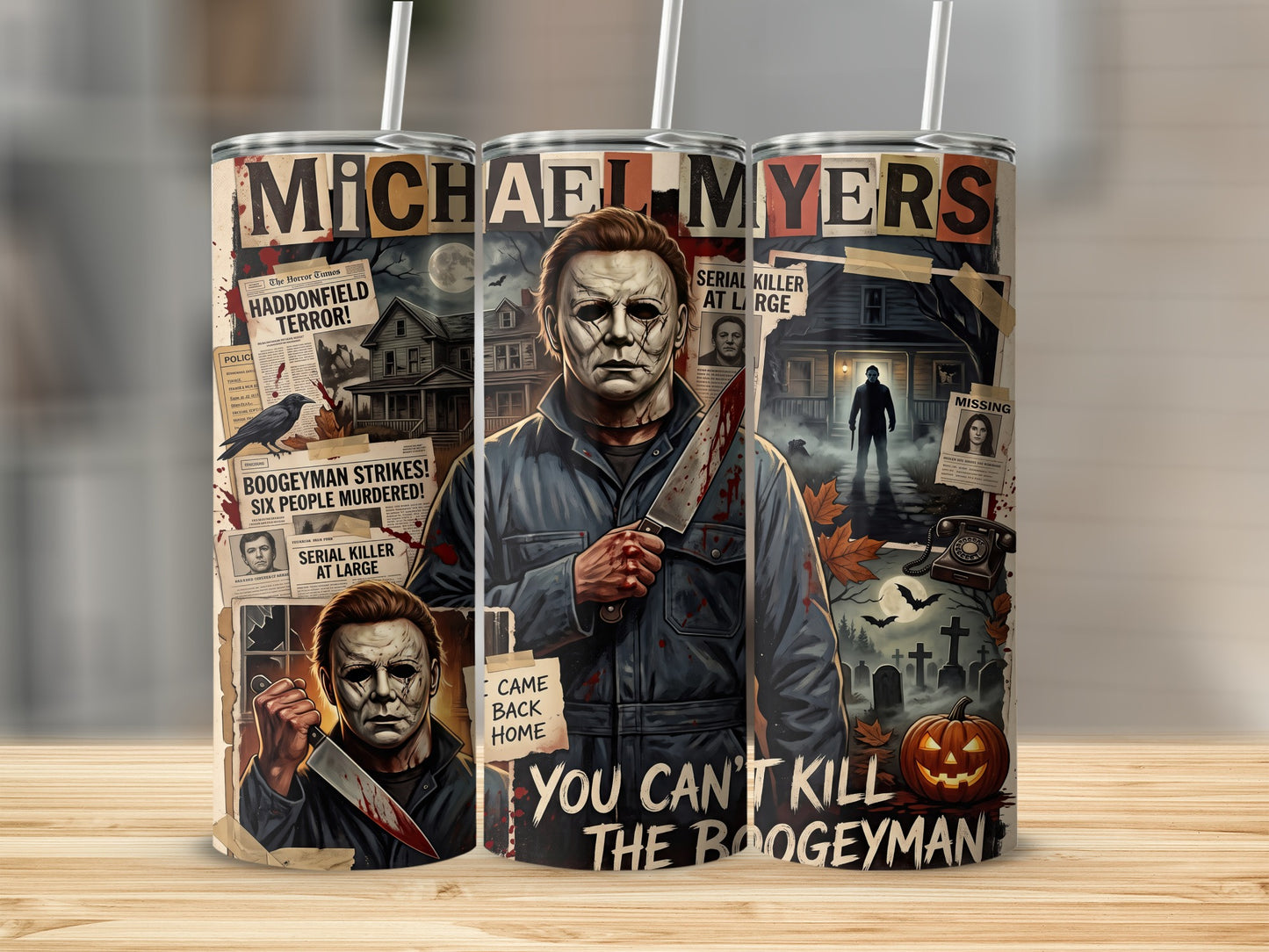 Michael Myers art with newspaper clippings, haunted house, and pumpkins. "You can't kill the boogeyman."