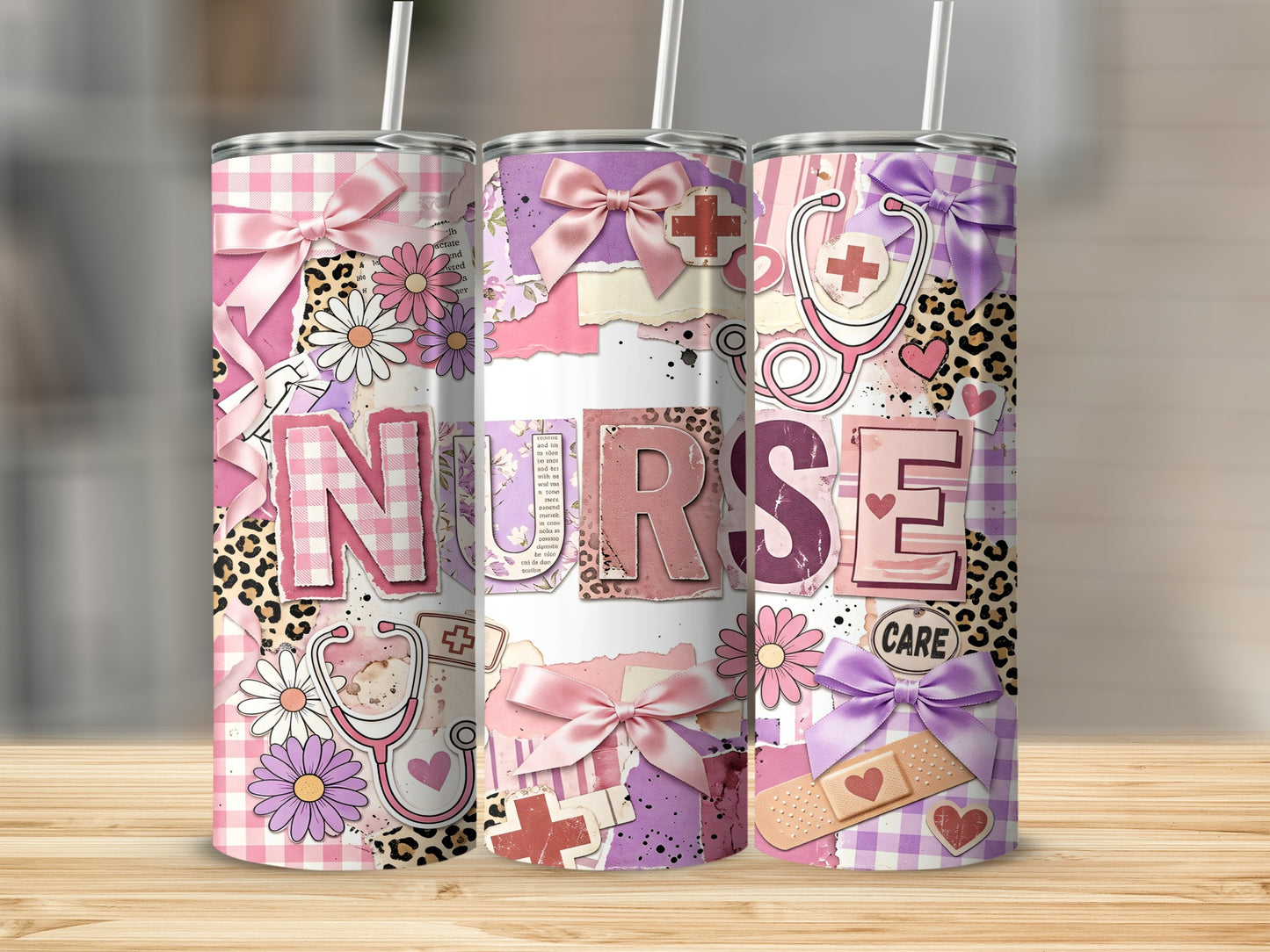 Tumbler with "NURSE" text, medical symbols, flowers, and bows.