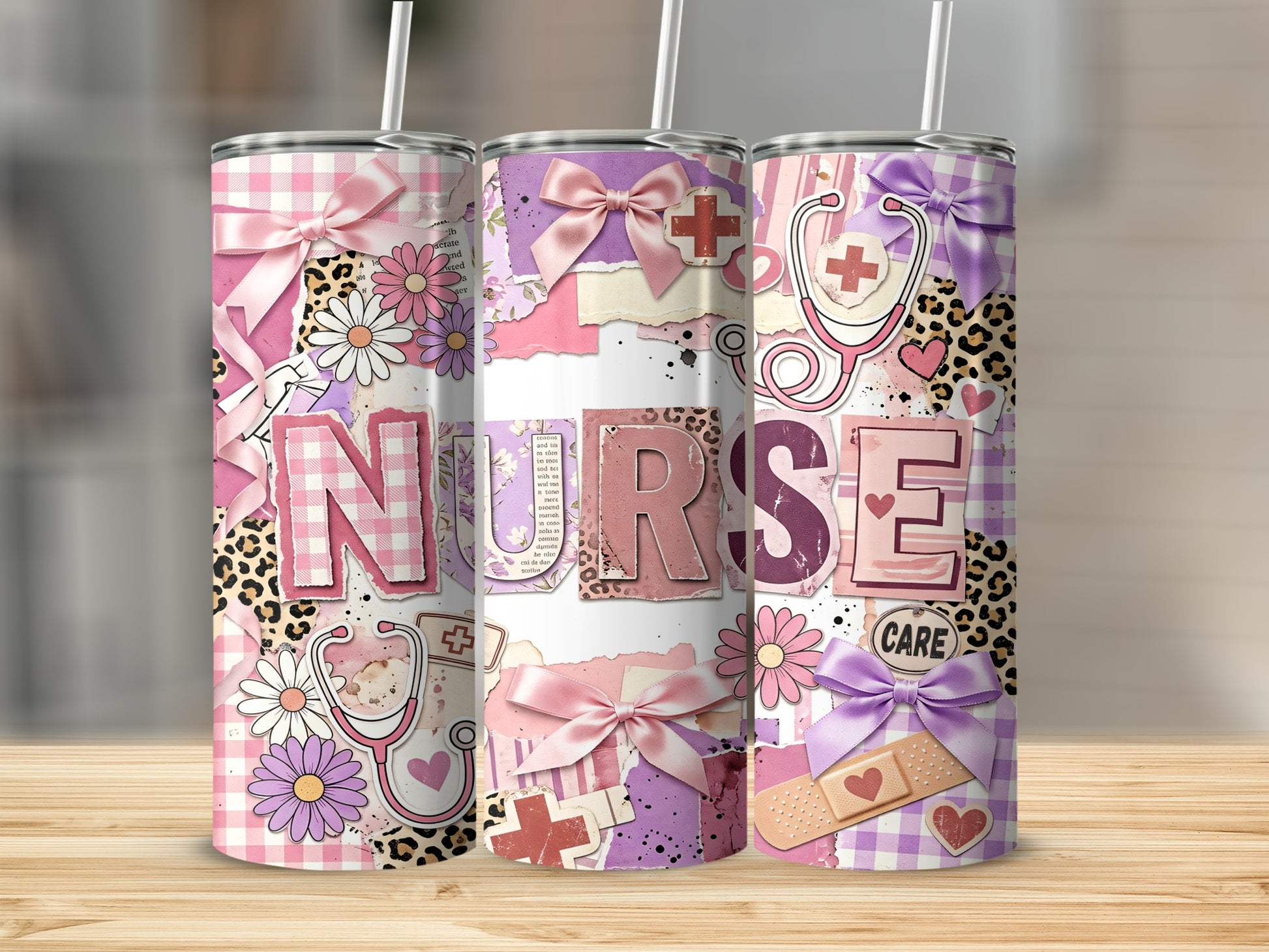 Tumbler with "NURSE" text, medical symbols, flowers, and bows.