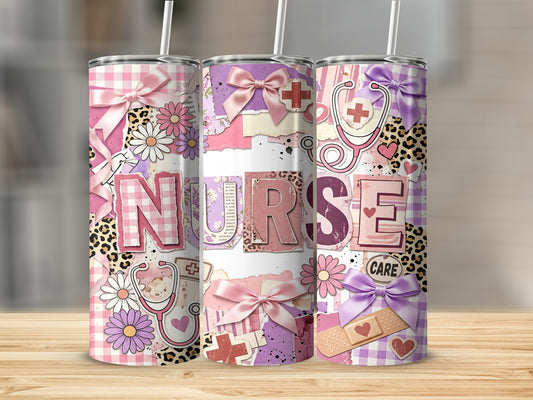 Tumbler wrap with "Nurse" text, medical symbols, daisies, bows, and leopard print.
