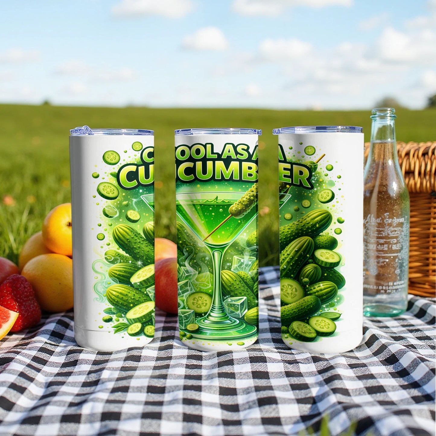 Three tumblers with cucumber and ice designs, one with a martini glass.
