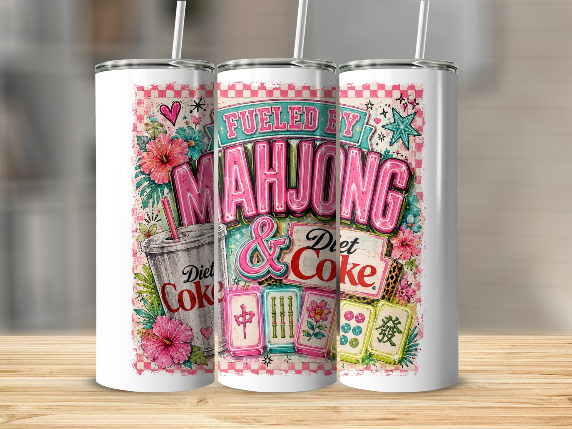 Tumbler with "Fueled by Mahjong & Diet Coke" text, mahjong tiles, and floral designs.