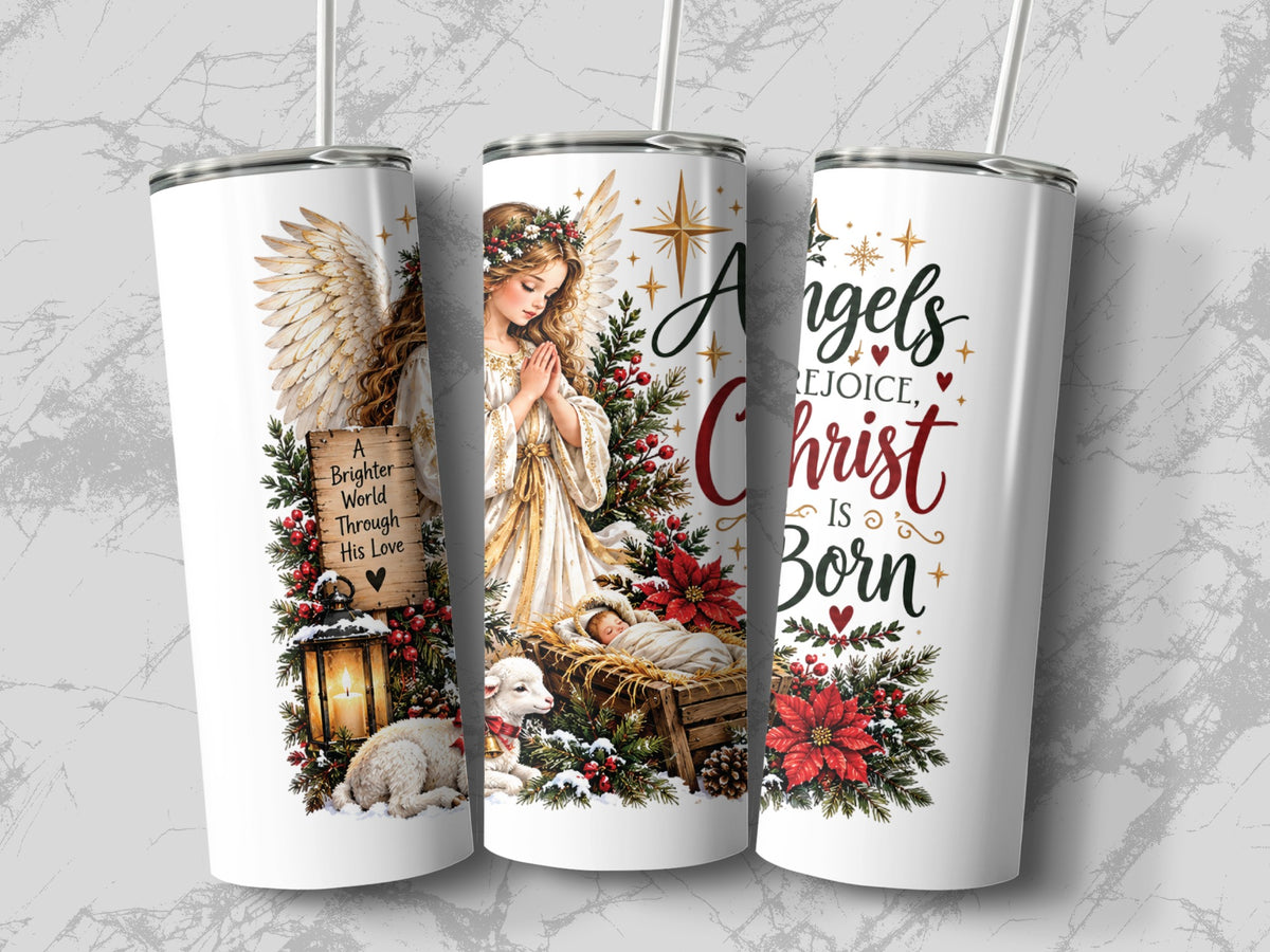 Three white tumblers feature Christmas nativity graphics with an angel, baby Jesus, and the text Angels Rejoice, Christ Is Born.