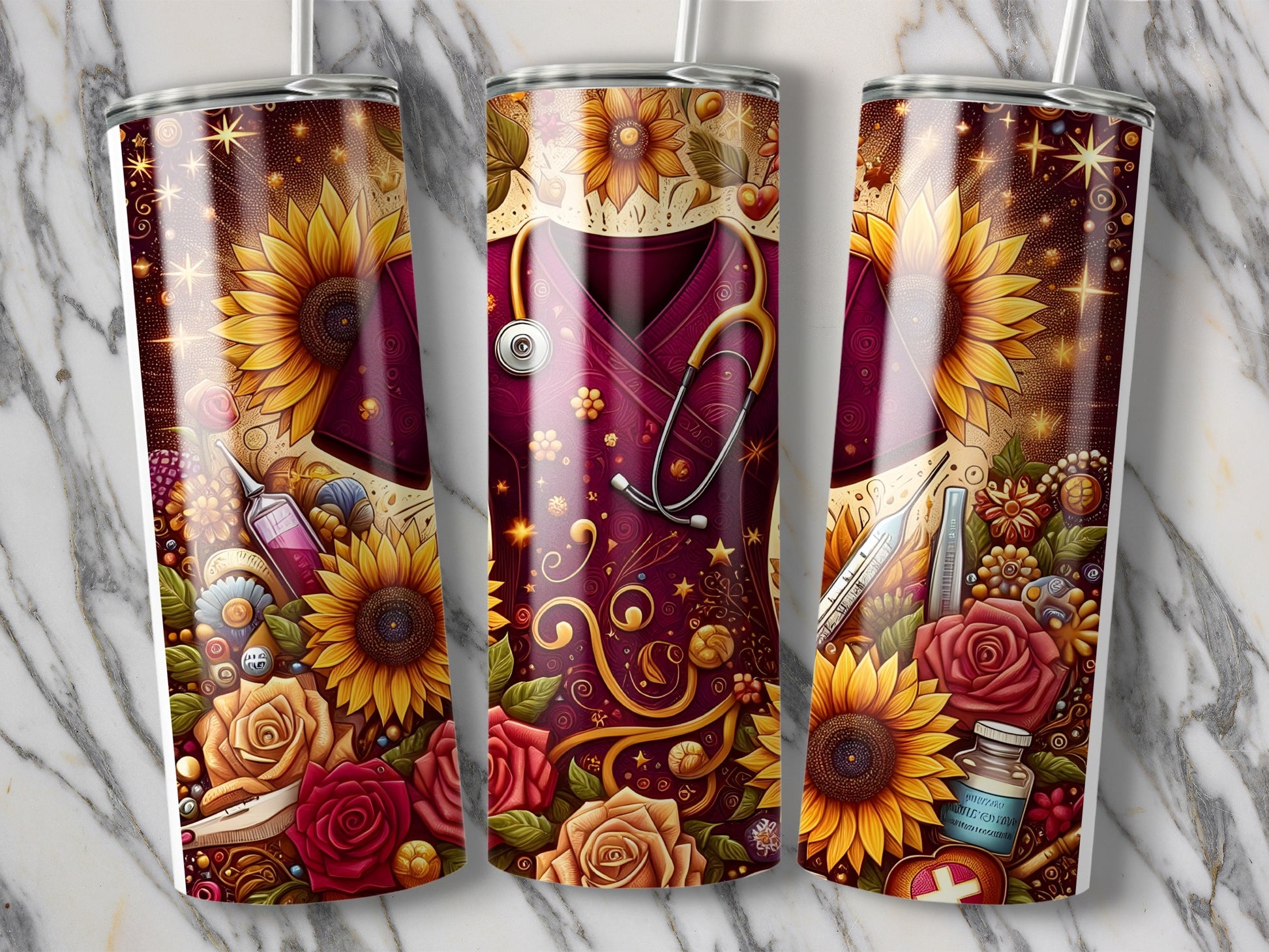 Three tumblers with sunflowers, roses, and medical symbols on a marble background.