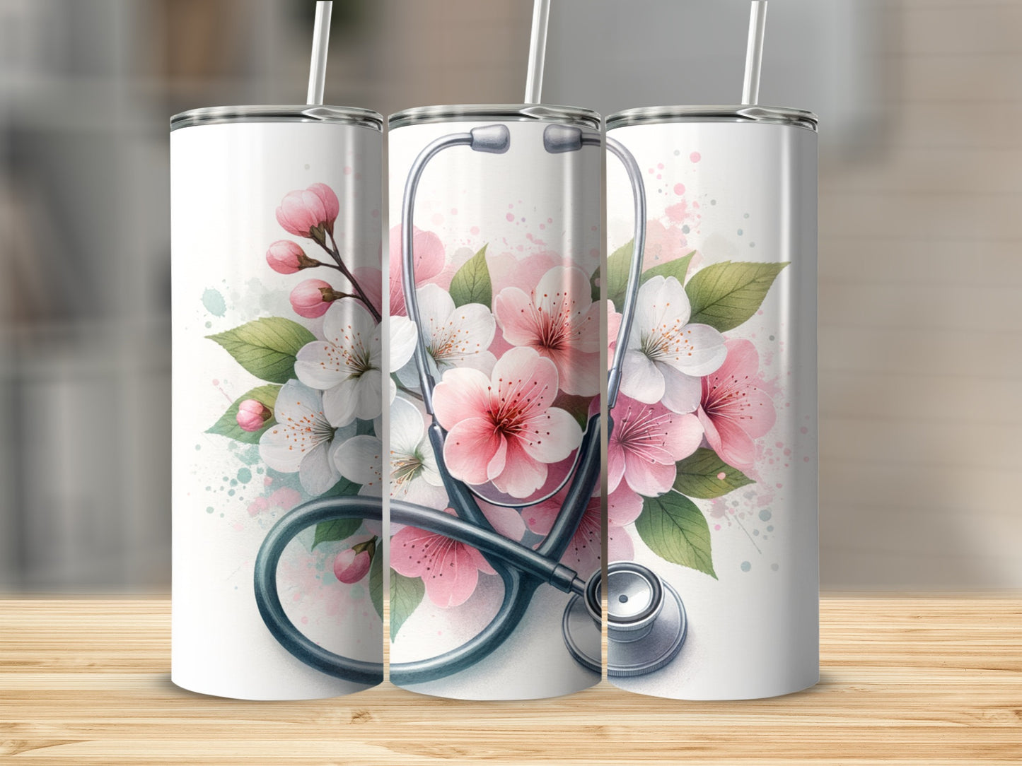 Stethoscope with blooming cherry blossoms on a white tumbler.
