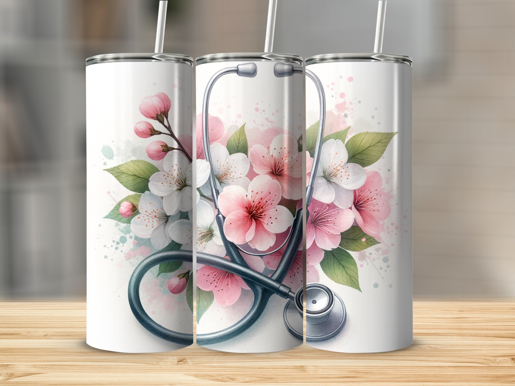 Stethoscope with blooming cherry blossoms on a white tumbler.