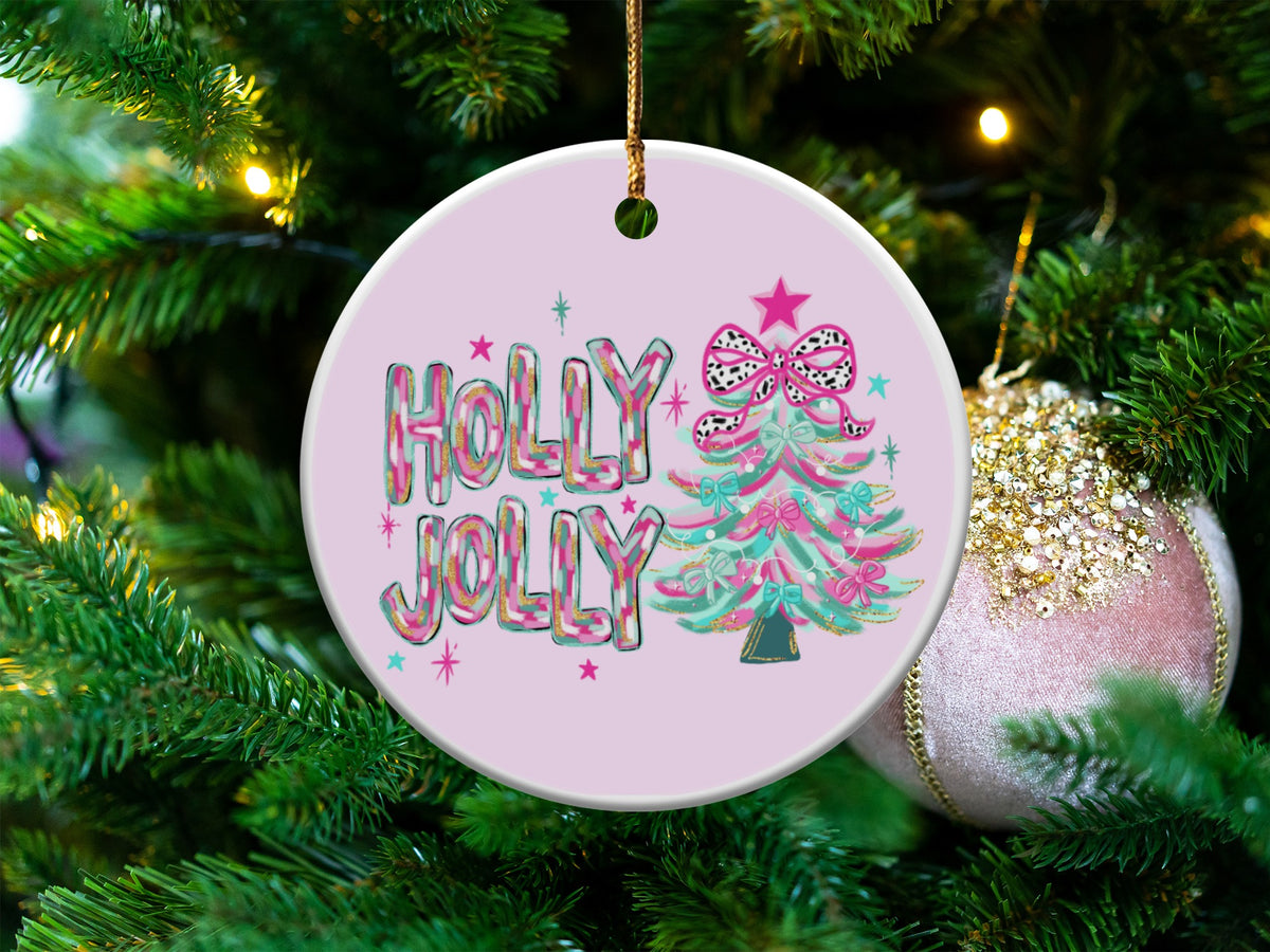 Round ornament with "Holly Jolly" text and a Christmas tree design.