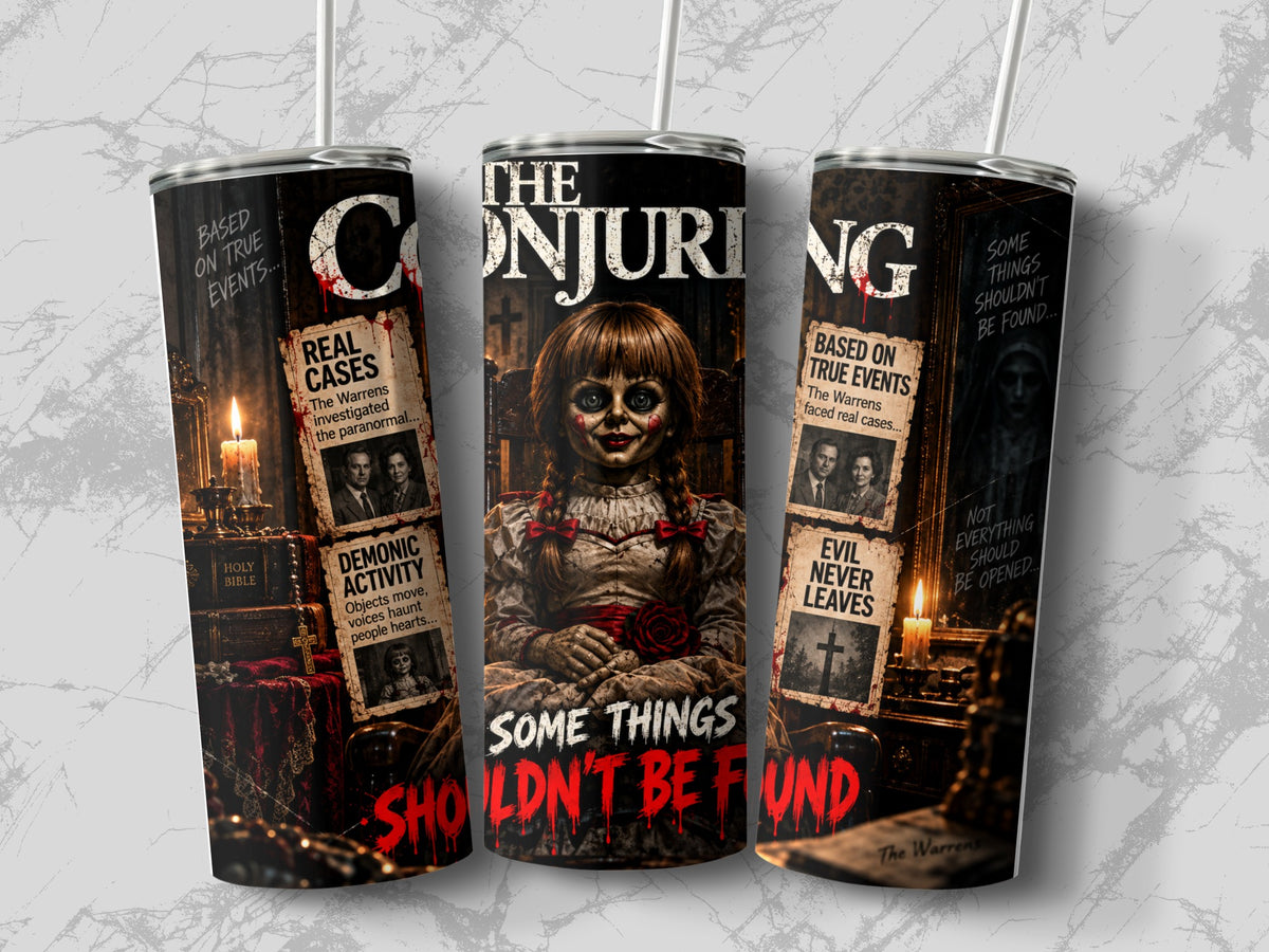 Three views of a stainless steel tumbler featuring horror-themed Conjuring graphics with Annabelle and text.
