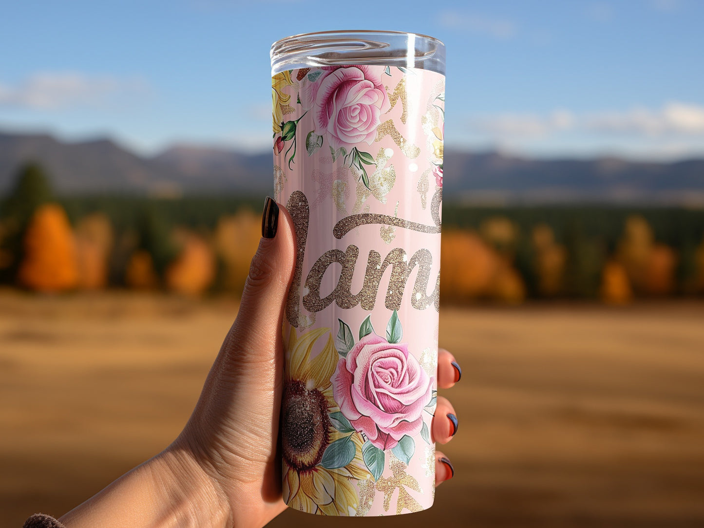 Floral and Glitter Pink Mom Design Tumbler Cup