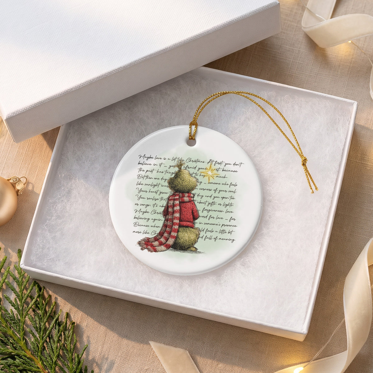Round ceramic ornament with Grinch-like character and Christmas poem text.
