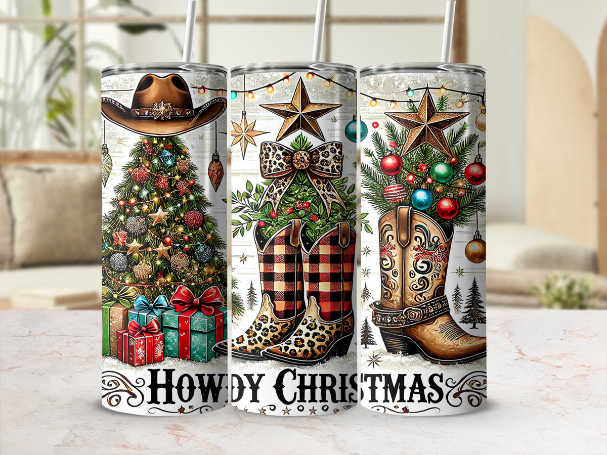 Three metal tumblers display a Howdy Christmas design featuring cowboy boots, hats, and decorated trees.