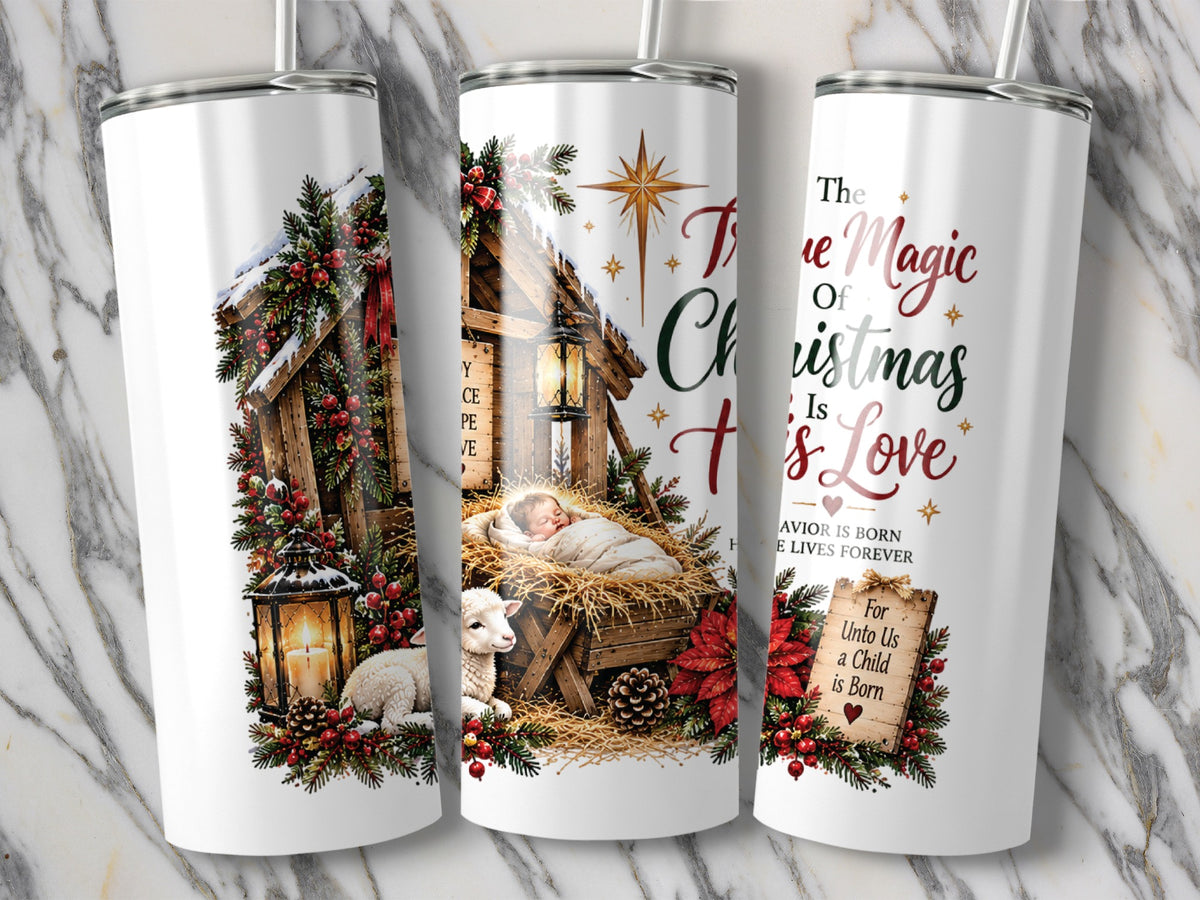 Three tall, white tumblers stand side-by-side displaying a continuous Nativity scene design with Christmas text.