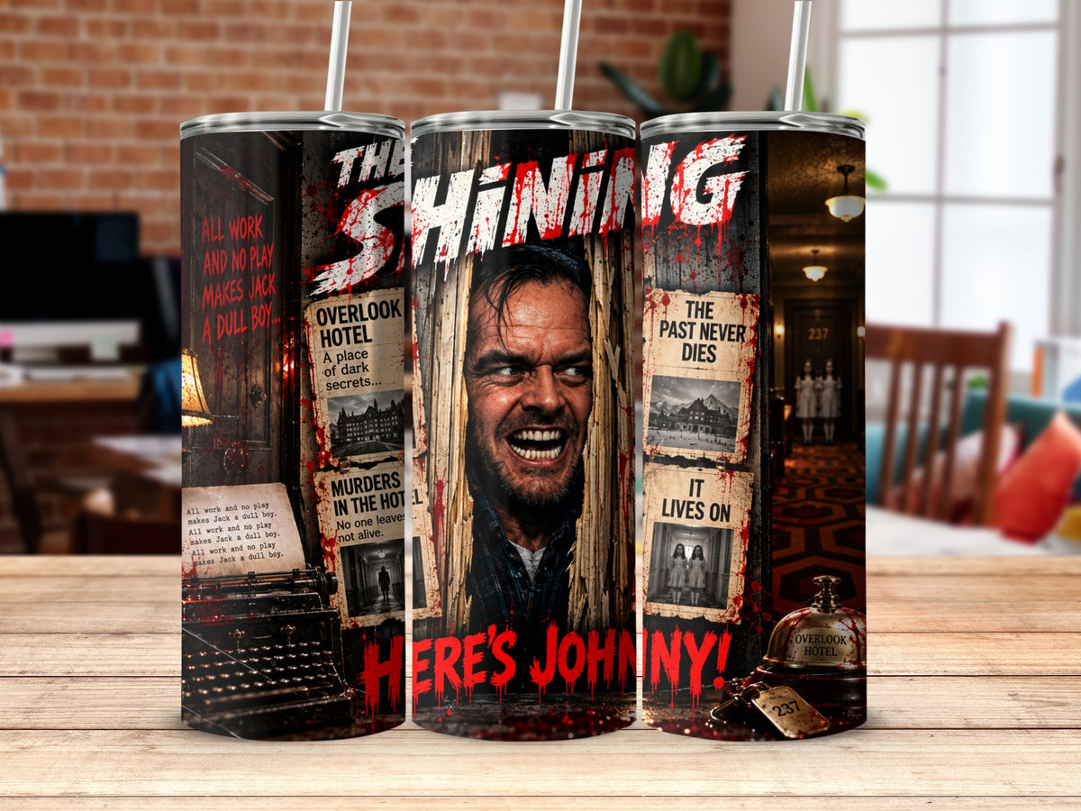 Three stainless steel tumblers feature The Shining horror movie graphics, including Jack Torrance breaking through a door.
