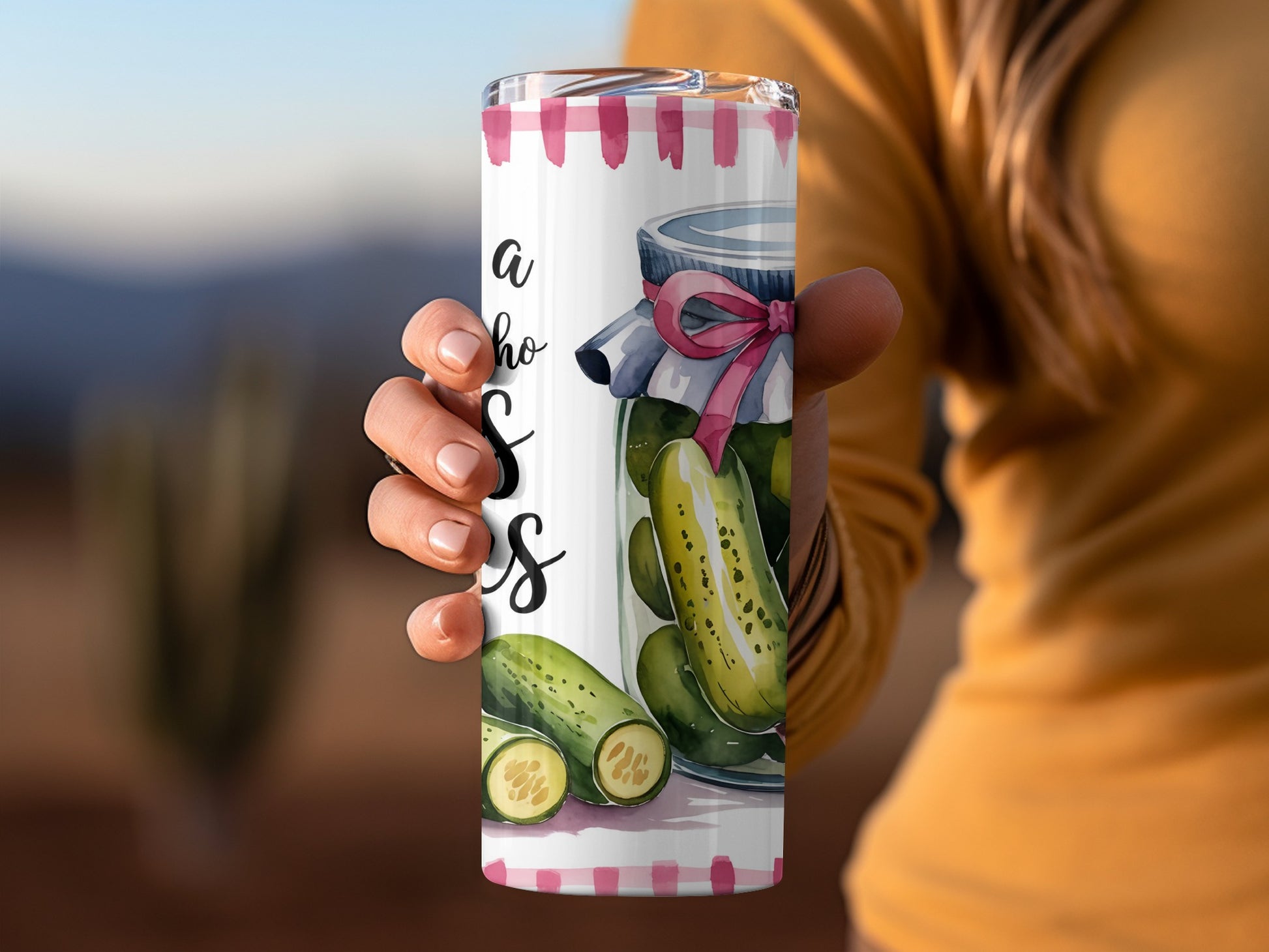 Pickle jar tumbler with "I'm kind of a big dill" text and pink bow.
