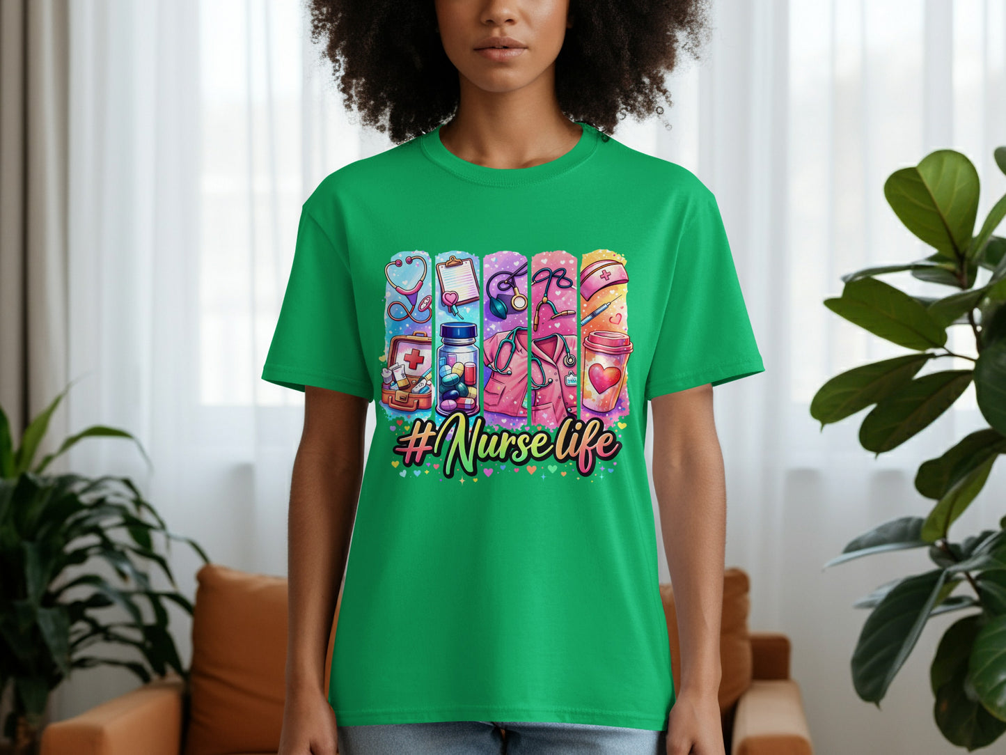 Green t-shirt with colorful medical icons and "#NurseLife" text.