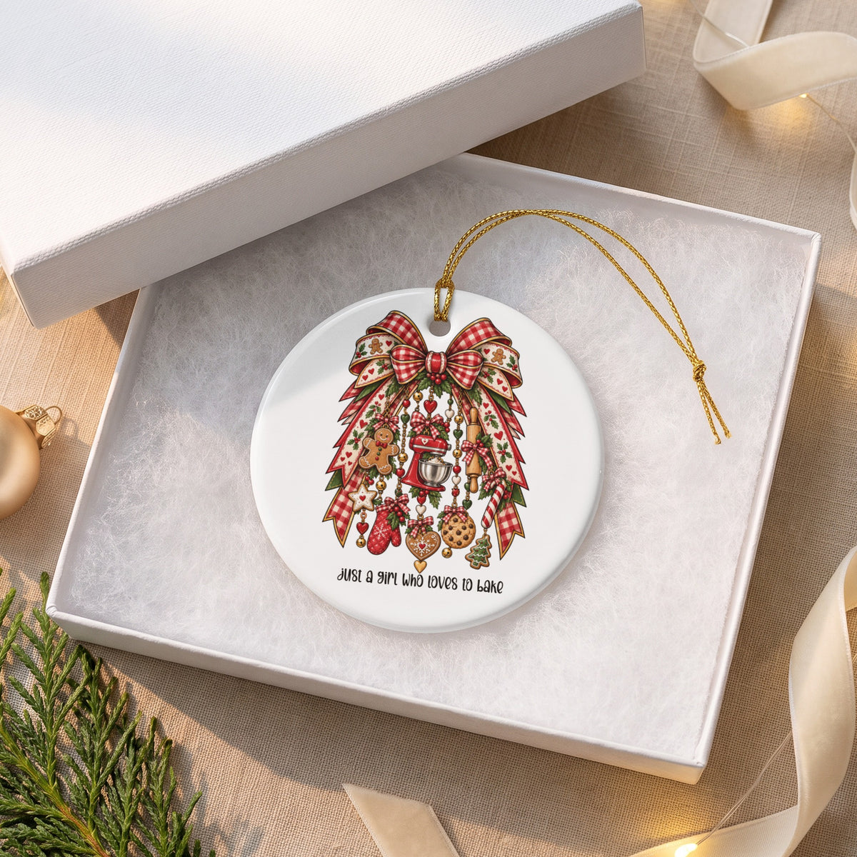 Round ceramic ornament with baking theme and text "Just a girl who loves to bake".