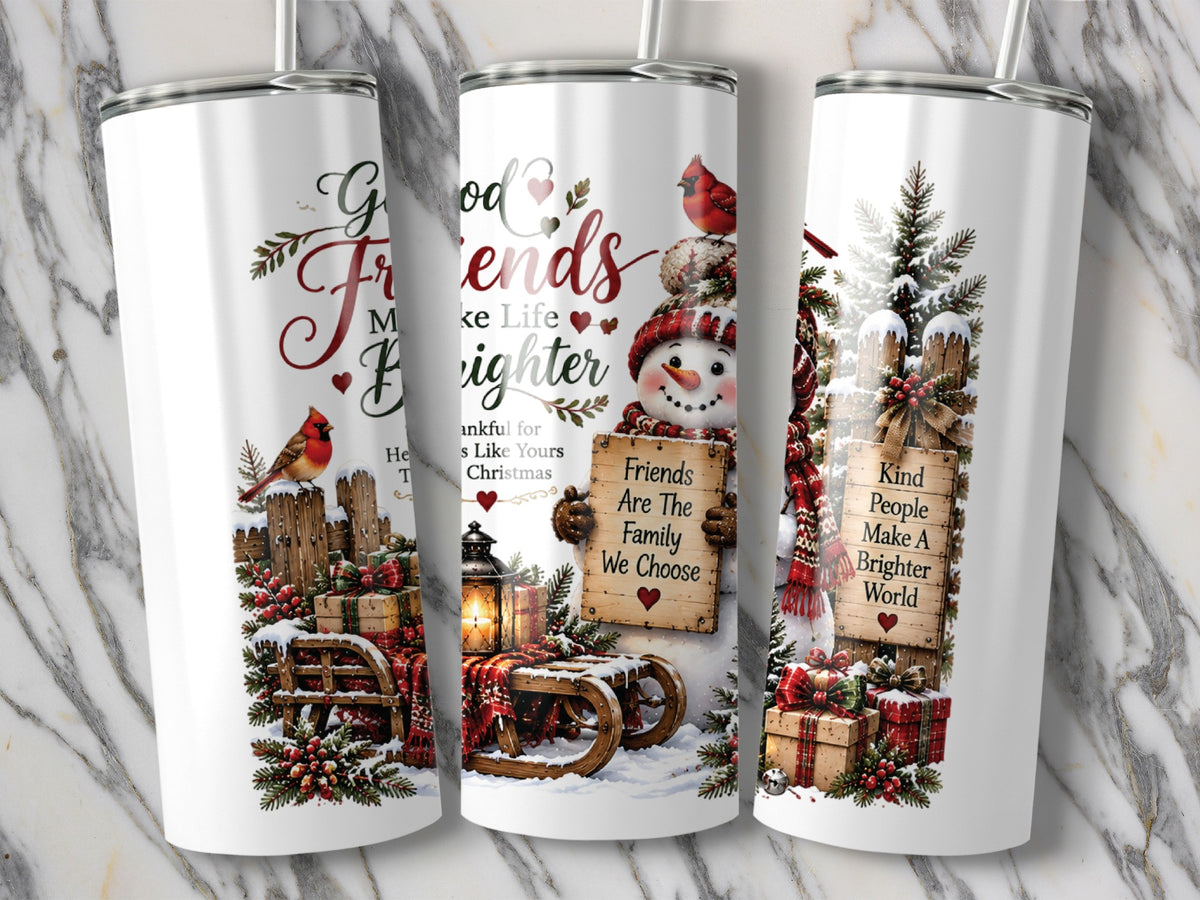 Three white travel tumblers featuring Christmas designs with a snowman, cardinals, snow-covered trees, and inspirational quotes.