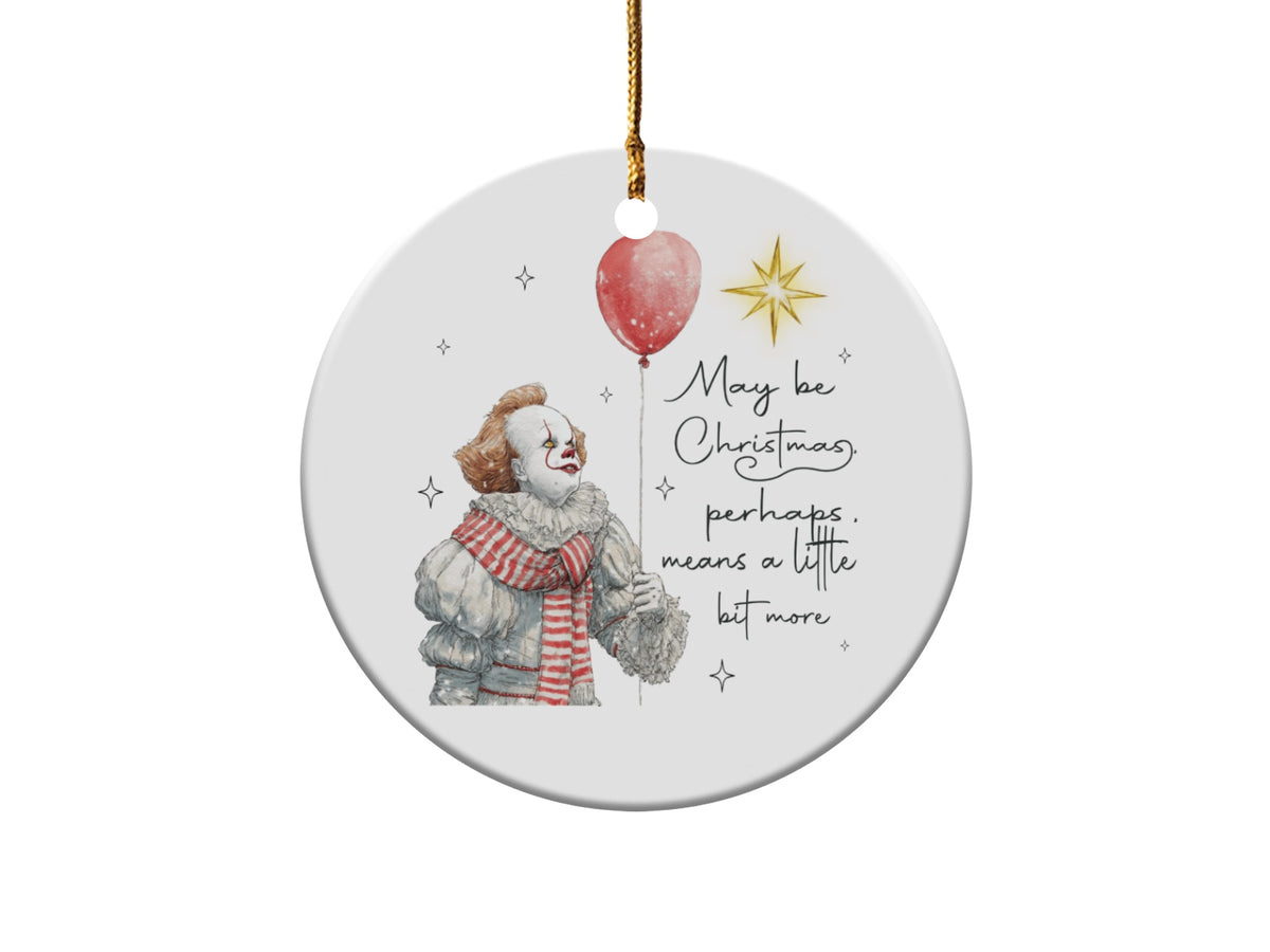 Ornament with Pennywise the clown, a red balloon, and text.
