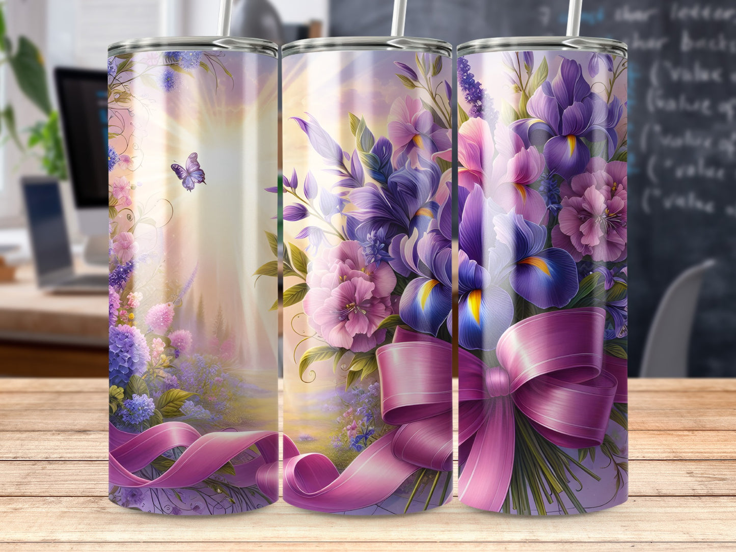 Floral arrangement with purple and pink flowers, green leaves, and a pink bow.