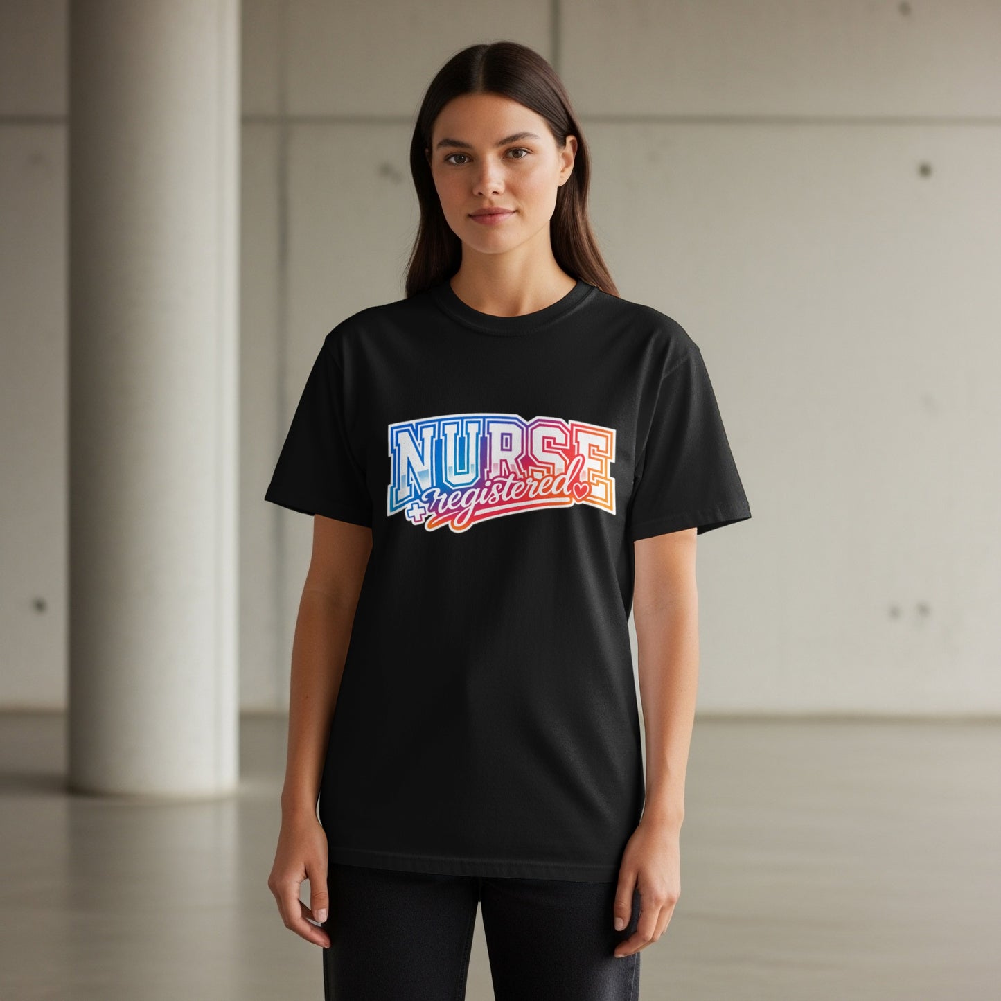 Black t-shirt with "Nurse Registered" text in colorful, stylized lettering.