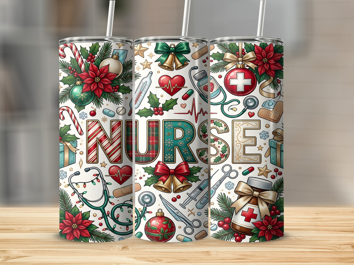 Three stainless steel travel tumblers featuring a Christmas nurse design with stethoscopes, poinsettias, and candy canes.