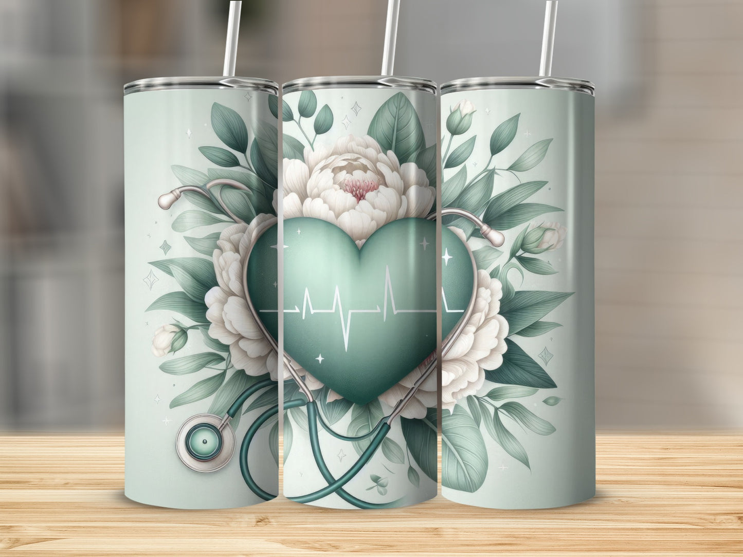 Three tumblers with teal heart, stethoscope, and floral design.