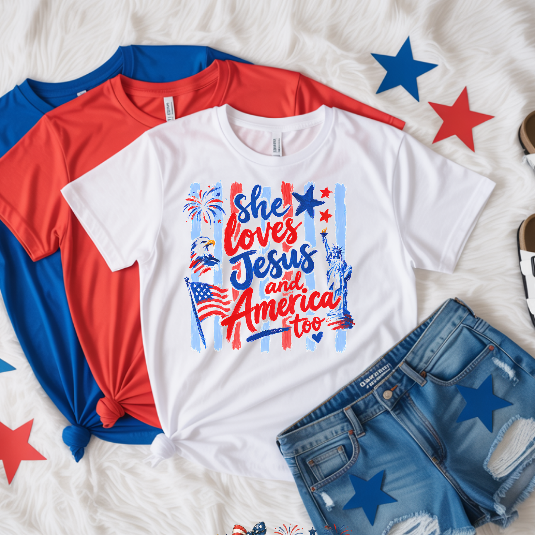 White t-shirt with 'She loves Jesus and America too' design, red and blue shirts, denim shorts on a white background with stars.
