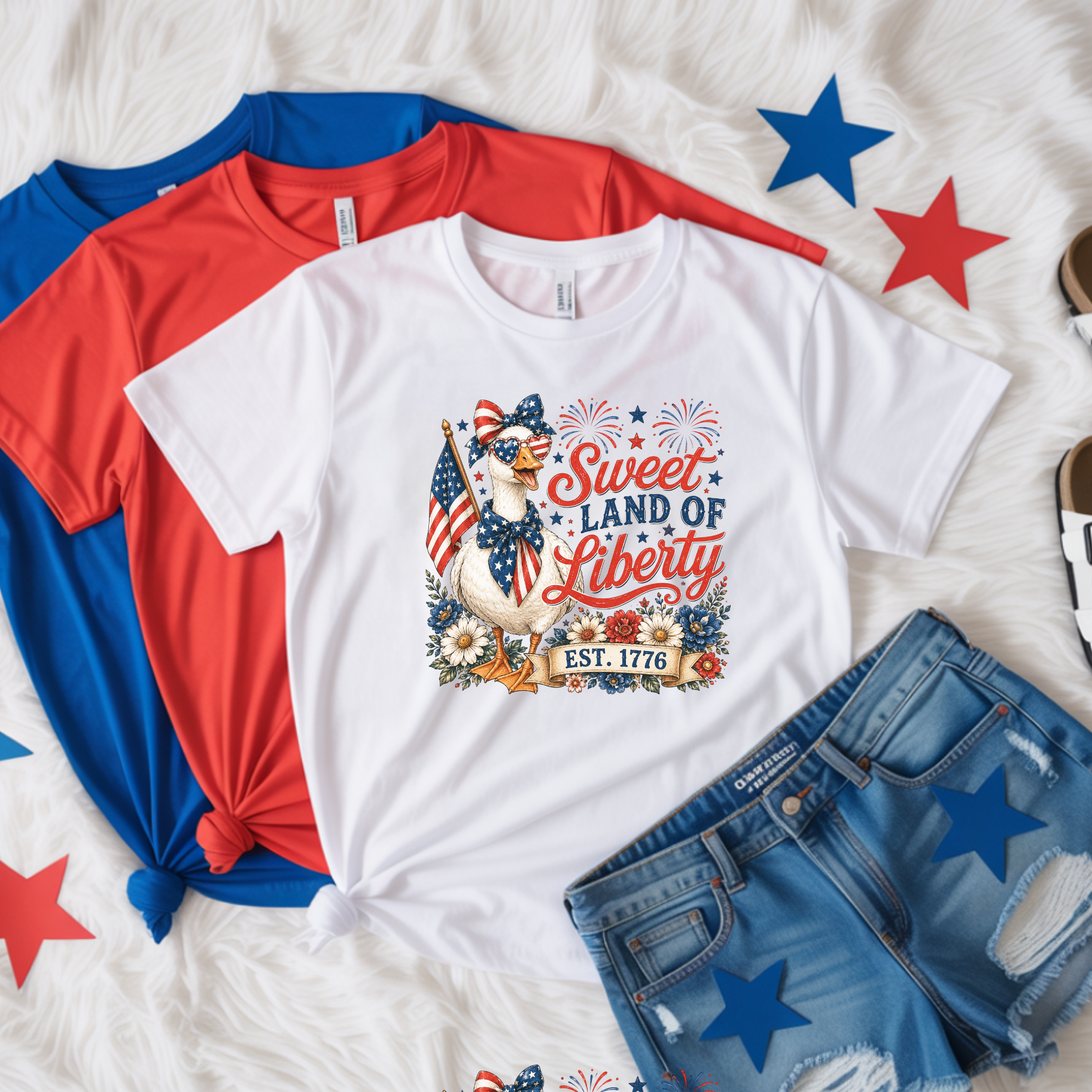 White t-shirt with 'Sweet Land of Liberty' design, red and blue shirts, denim shorts on a white background with stars.
