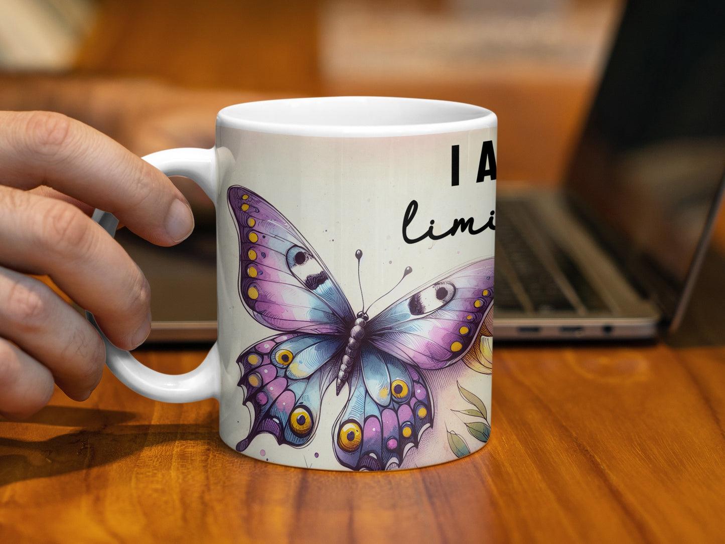 Vibrant Butterfly I AM Limitless Quote White Mug product type
Butterfly design
Inspirational quote
Limitless message
Positive affirmation
Vibrant colors
Purple butterfly
Blue butterfly
Yellow accents
Floral elements
Coffee mug
Tea cup
Drinkware gift
Unique design
Home office decor
Motivational gift
Everyday essential
Desk accessory
Art print mug
Nature inspired
Self care gift