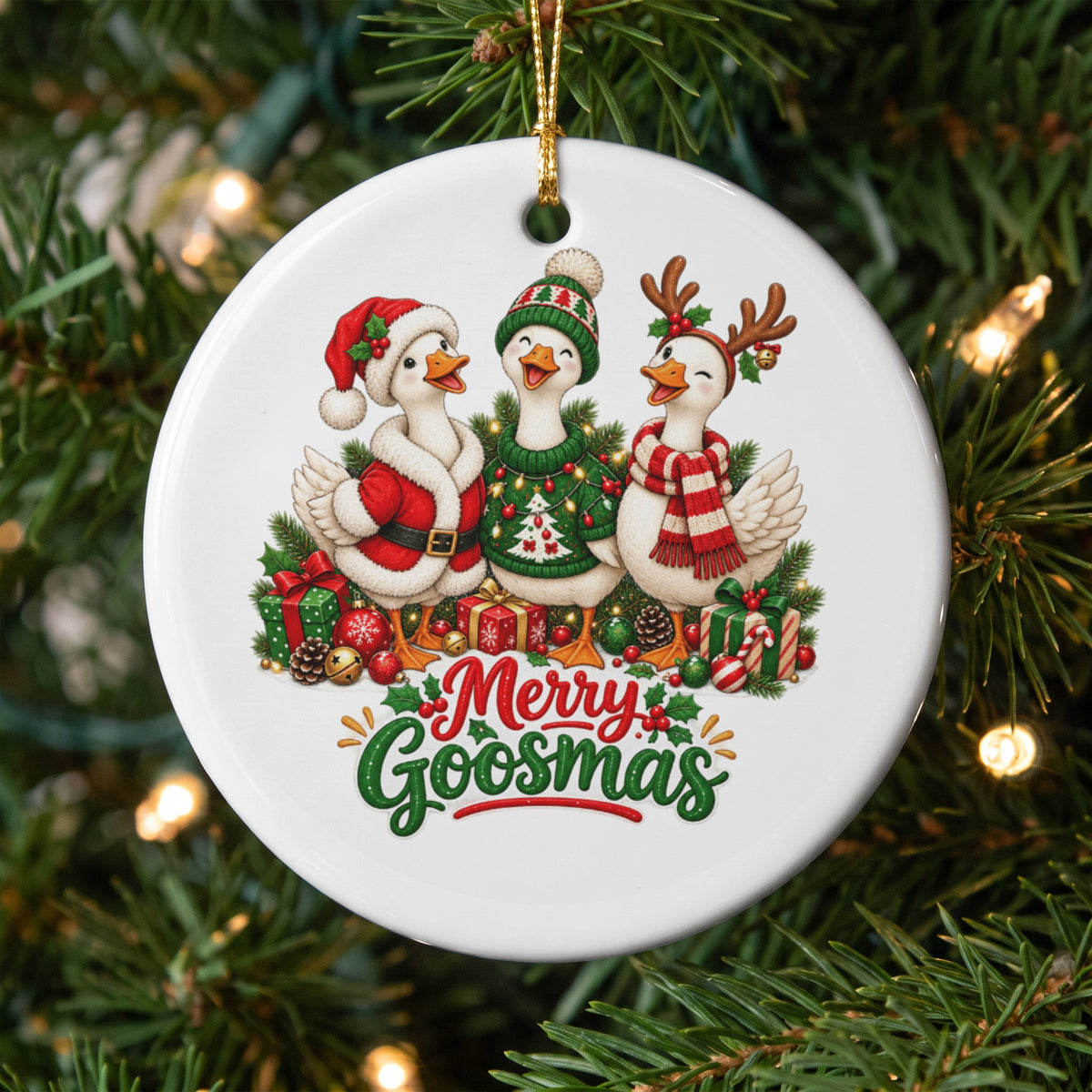 Three geese in Christmas attire with "Merry Goosmas" text on a white ornament.