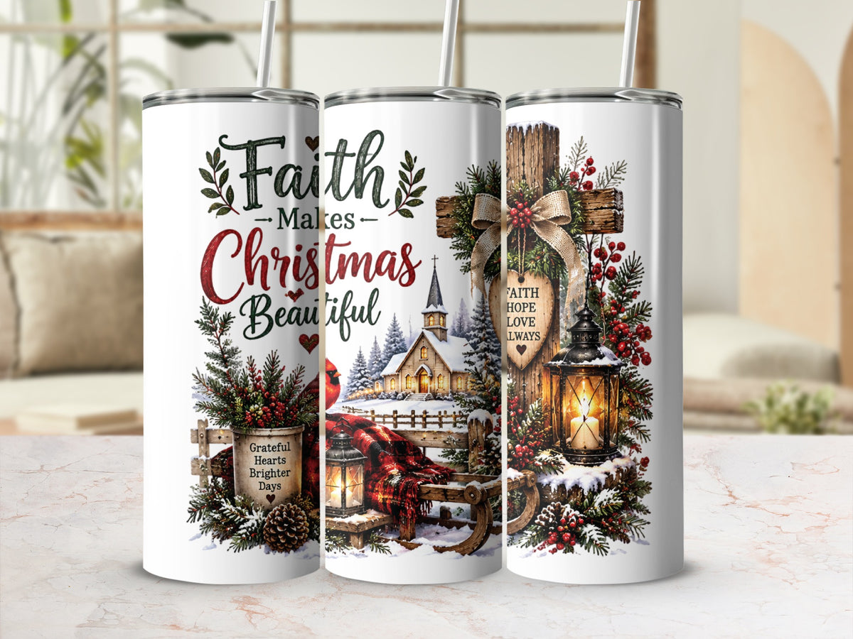 Three white insulated tumblers stand side by side, featuring Christian Christmas watercolor designs with crosses, churches, and uplifting text.