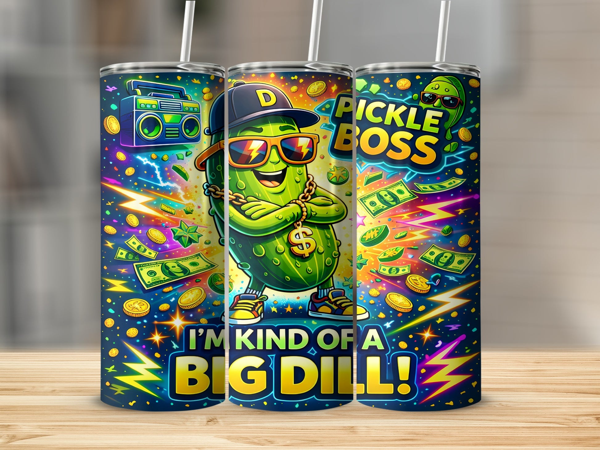 Cartoon pickle wearing sunglasses and gold chain, "I'm Kind of a Big Dill!"