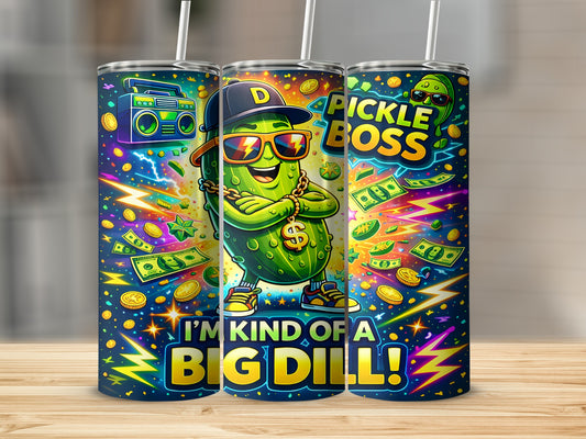 Cartoon pickle wearing sunglasses and gold chain, "I'm Kind of a Big Dill!"