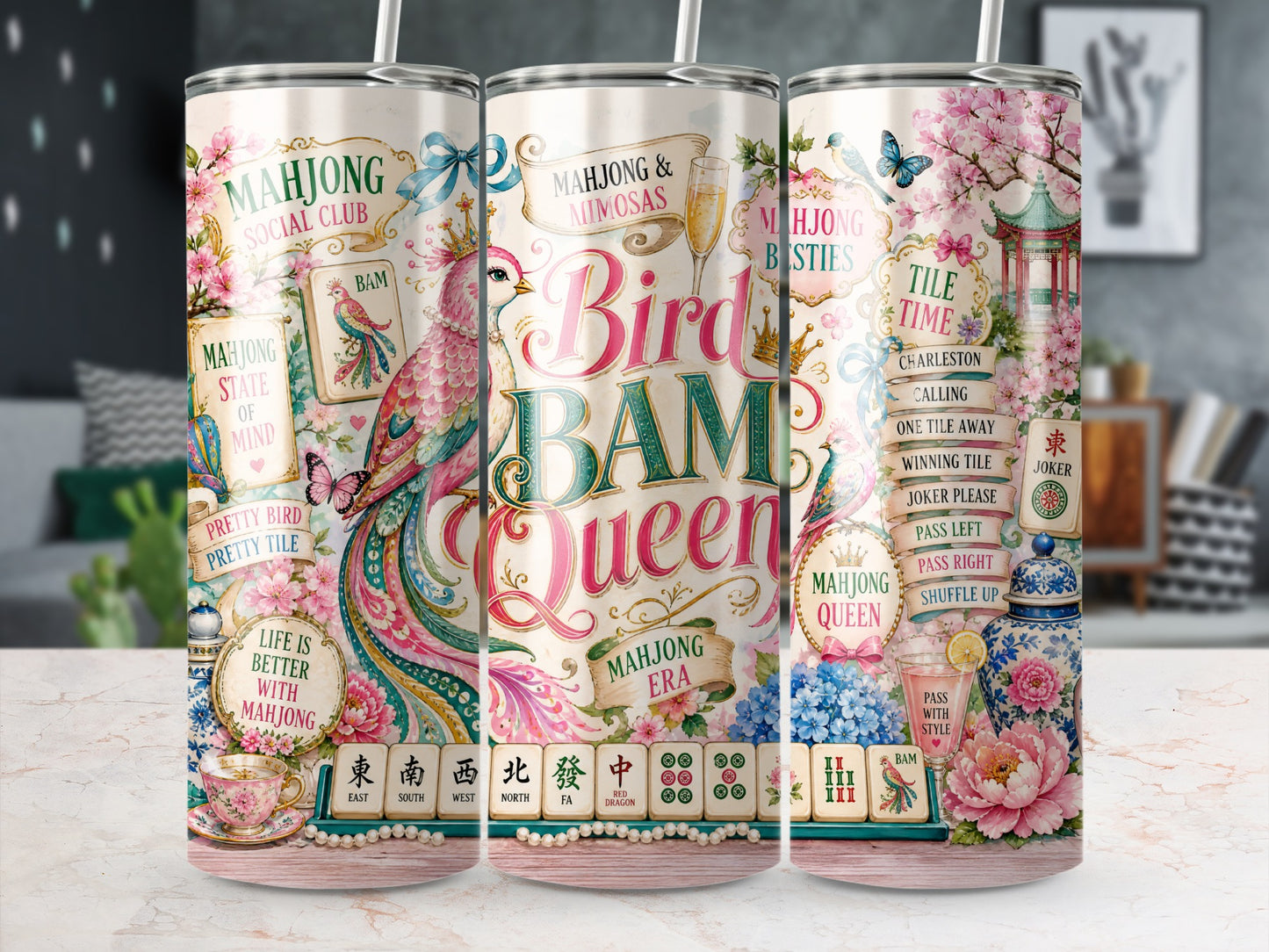 Tumbler with "Bird Bam Queen" and mahjong tile designs, featuring birds and flowers.