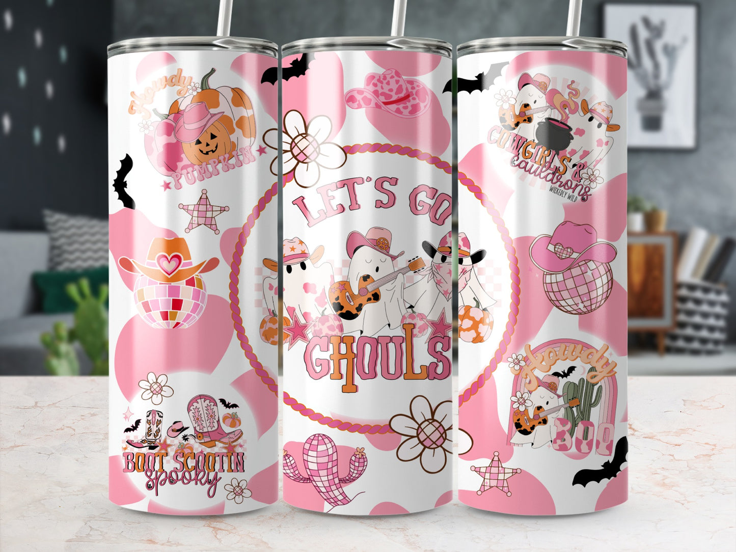 Pink and white tumblers with Halloween cowgirl ghost designs, pumpkins, boots, and text.