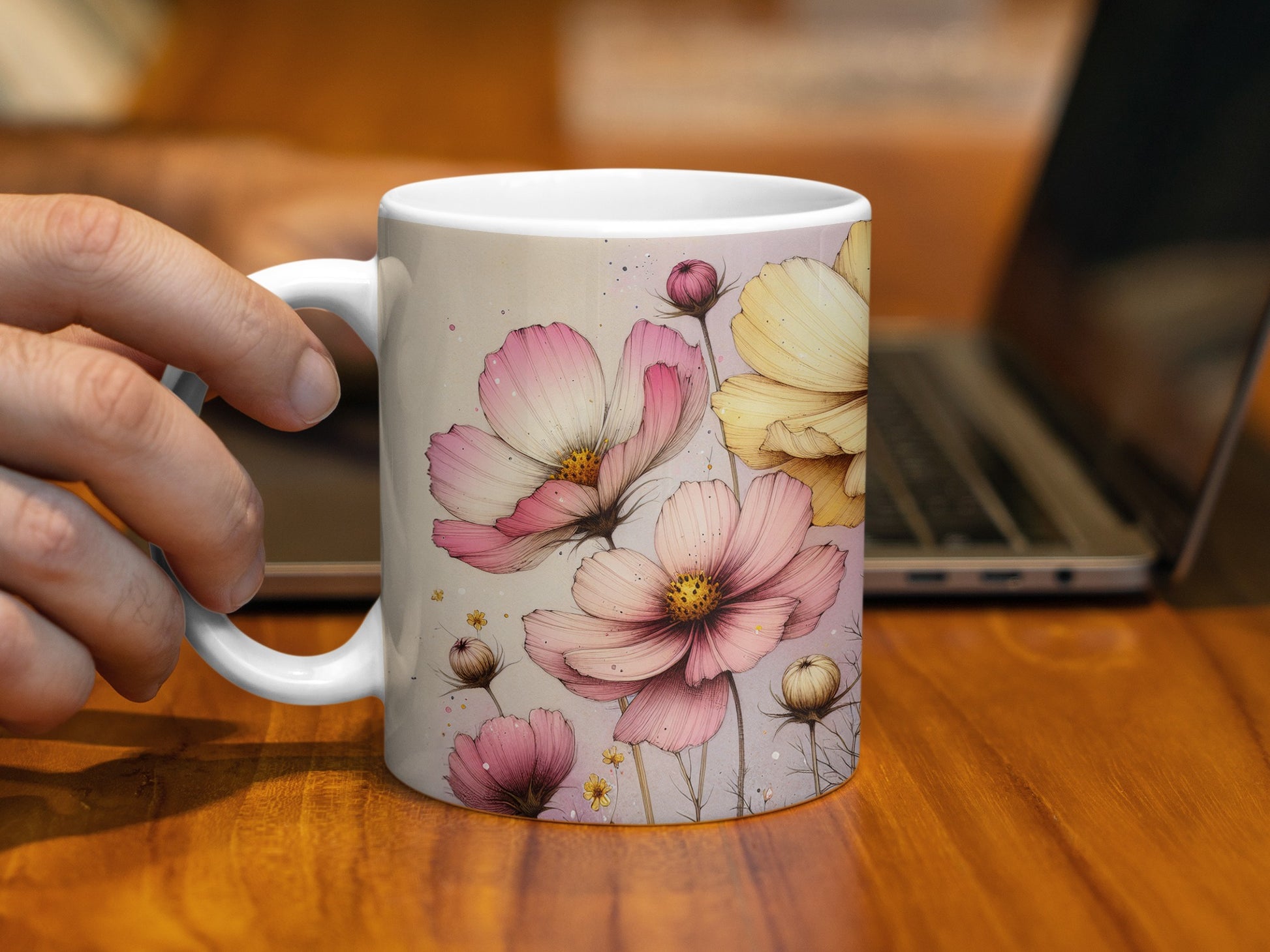 Elegant Pink Yellow Cosmos Flower Watercolor Design Mug product type
Mug, Coffee mug, Tea cup, Cosmos flowers, Floral design, Pink flowers, Yellow flowers, Watercolor art, Botanical print, Nature inspired, Garden theme, Bloom pattern, Elegant decor, Delicate artwork, Pastel colors, Gift idea, Drinkware, Kitchen accent, Office desk, Spring collection