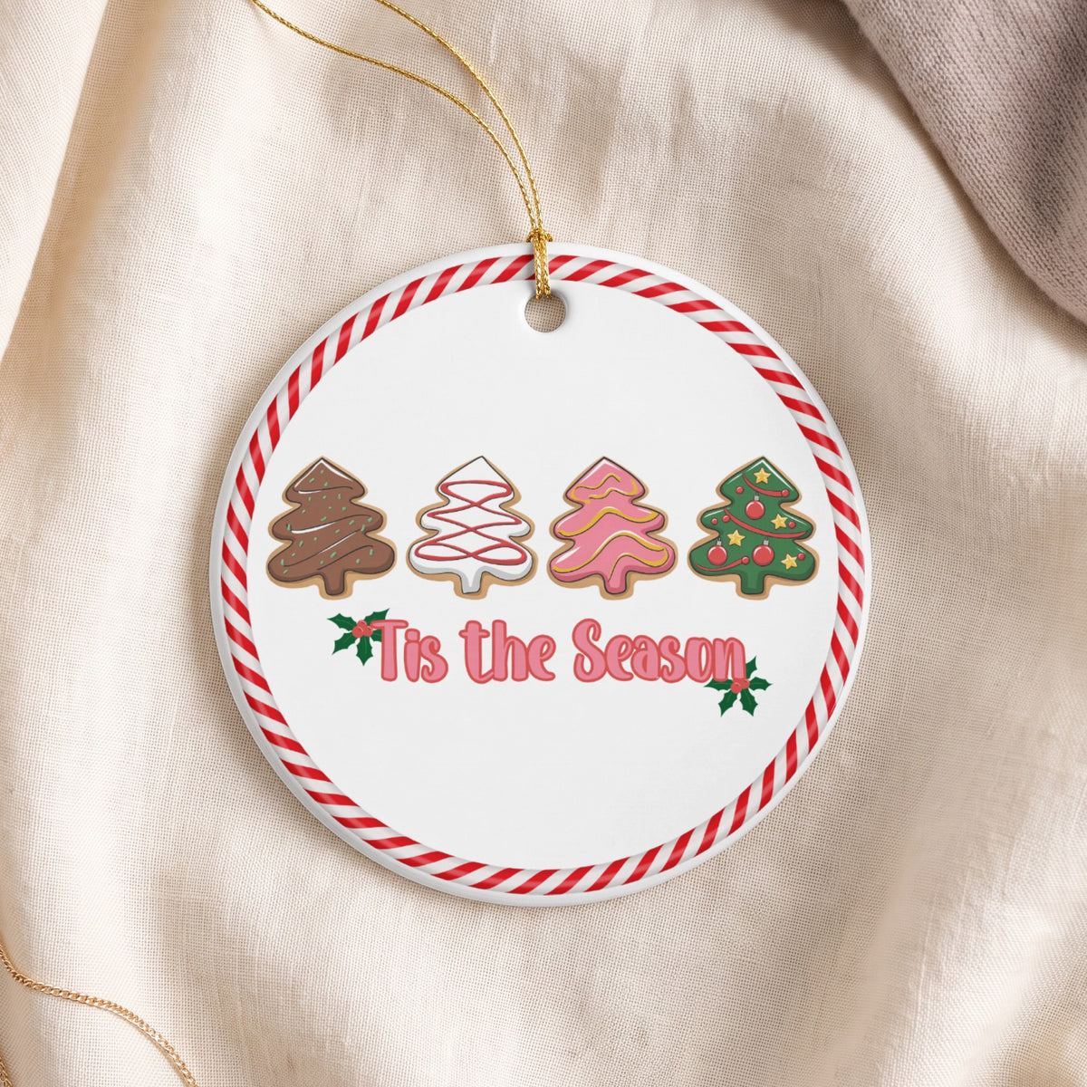 Round ornament with candy cane border, four decorated Christmas tree cookies, and "Tis the Season" text.