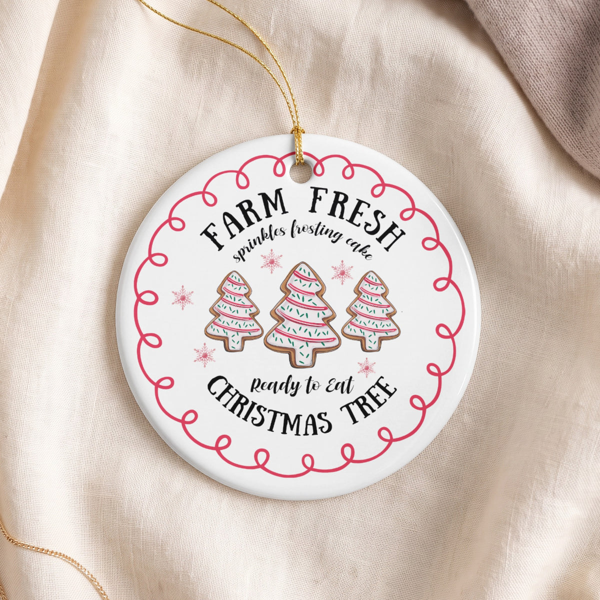 Round ceramic ornament with Christmas tree cookies and text "Farm Fresh".