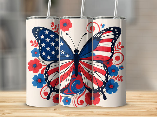 Butterfly with American flag wings and red and blue flowers.